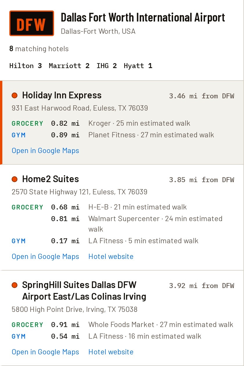 Search results filtered to hotels with both a gym and a grocery store nearby