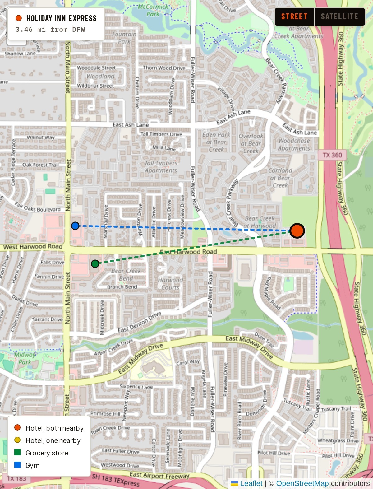 A clicked hotel zooms in on the map and draws the walk to its gym and grocery store